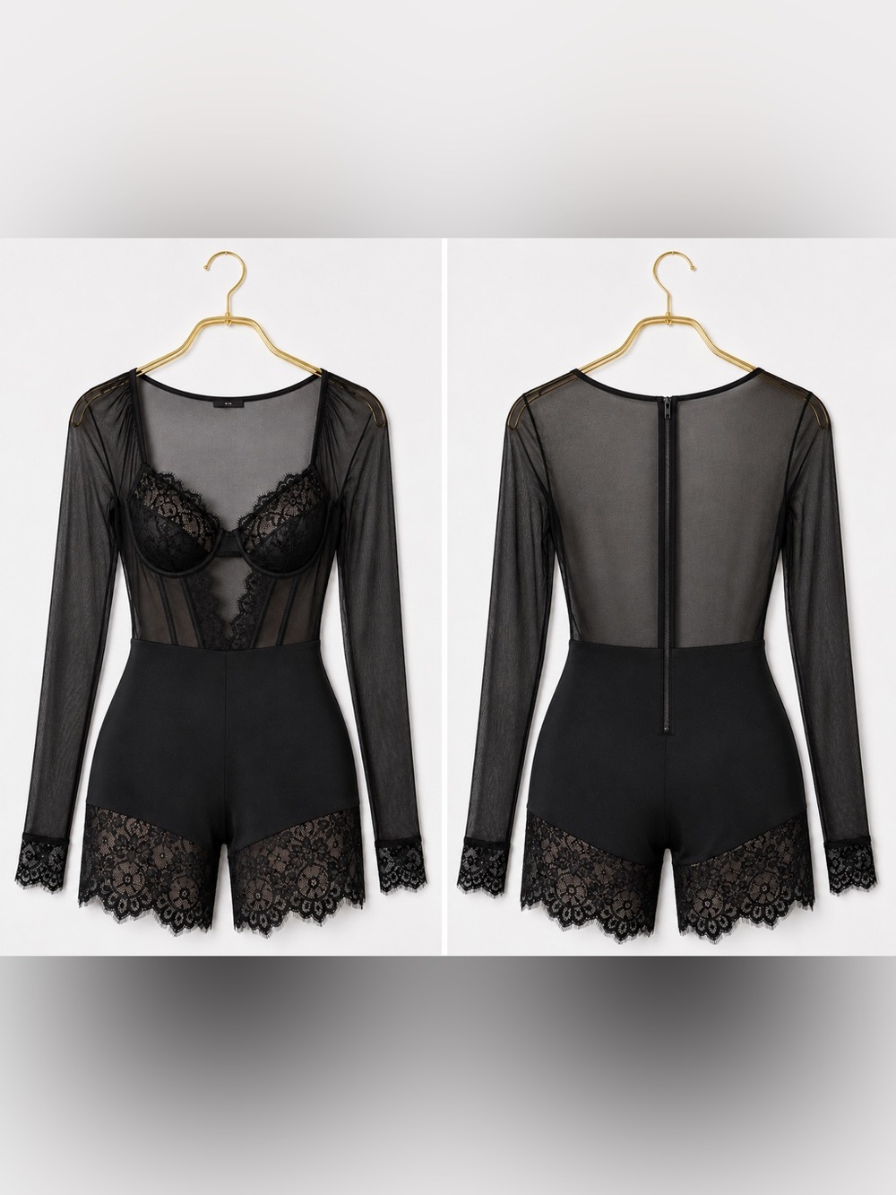 Fashion Nova Sheer Lace Long-Sleeve Bodysuit Romper - Black - Picture 5 of 5